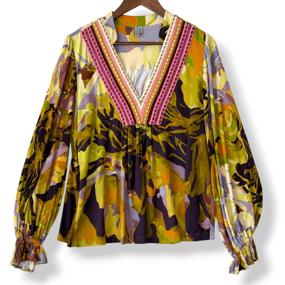 Anthropologie Blank London Blouse S Multicolor Abstract‎ Embroidered V-Neck Boho